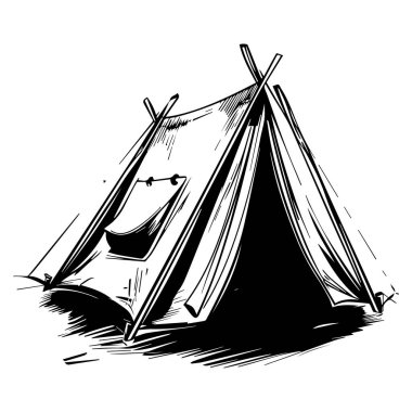 A beautifully sketched black and white illustration of a camping tent, perfect for themes of outdoor adventures, travel, and nature encounters.