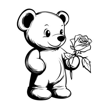 This charming illustration features a cute teddy bear cheerfully holding a single rose, perfect for conveying messages of love and affection.