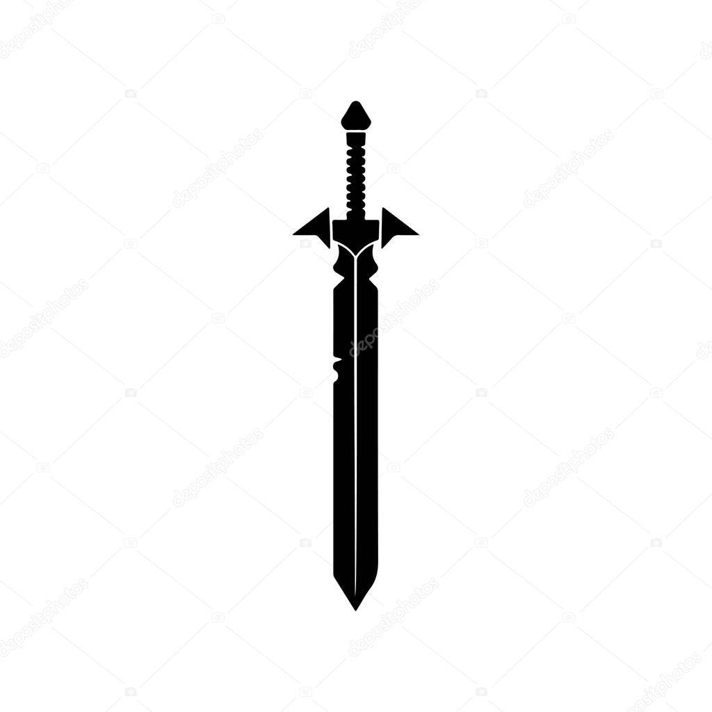 This black silhouette of a fantasy sword features intricate details, perfect for illustrations and creative projects involving battles or adventures.