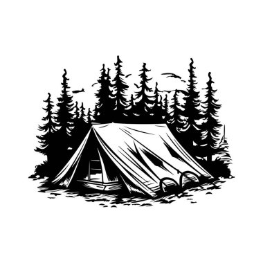 Hand-drawn illustration of a camping tent nestled in a forest, capturing the essence of outdoor adventure and exploration. Perfect for nature lovers.