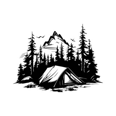 This black and white graphic artwork captures a serene camping scene featuring a tent among towering pine trees and majestic mountains, ideal for outdoor enthusiasts.