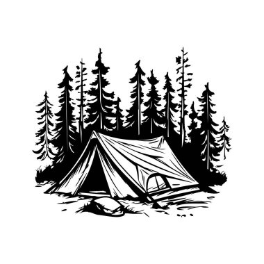 This black and white graphic illustration features a camping tent nestled among tall pine trees, ideal for outdoor enthusiasts seeking adventure.