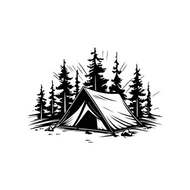A charming hand-drawn illustration of a camping tent nestled among tall pine trees, evoking a sense of adventure and tranquility in nature.