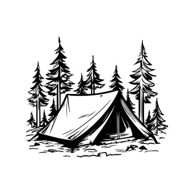 This black and white illustration features a camping tent nestled among tall pine trees, capturing the essence of outdoor adventure and tranquility.