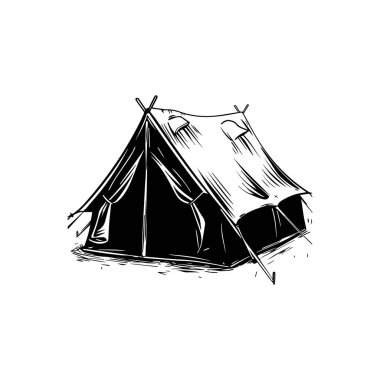 This hand-drawn illustration of a camping tent showcases its structure and fabric detail, perfect for outdoor-themed projects and adventures.