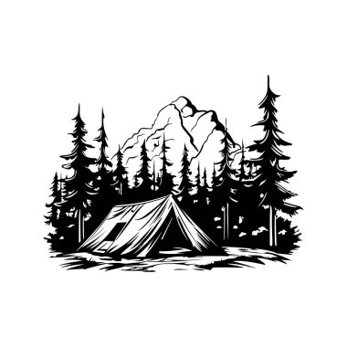 A striking black and white illustration showcasing a tent surrounded by tall trees and majestic mountains, evoking the beauty of nature.