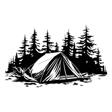 A striking black and white illustration of a camping tent nestled among lush pine trees, capturing the essence of outdoor adventure and tranquility.