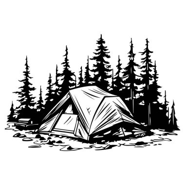 A serene camping scene featuring a tent nestled among tall pine trees on rocky terrain, inviting adventurers to embrace nature and find tranquility.