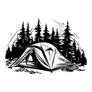 A stunning black and white illustration featuring a camping tent nestled in a serene forest, surrounded by tall pine trees, perfect for outdoor enthusiasts.