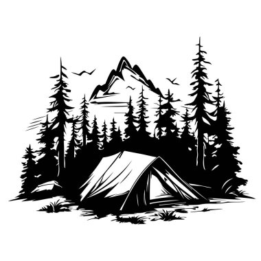 A captivating black and white illustration of a camp scene featuring a tent nestled among towering trees, with mountains rising majestically behind.