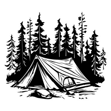 A unique hand-drawn illustration depicting a cozy tent nestled among towering pine trees, ideal for outdoor-themed projects or travel promotions.