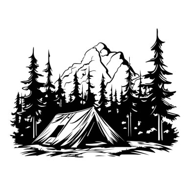 This black and white illustration captures a serene camping scene featuring a tent amid towering pine trees and majestic mountains, perfect for outdoor enthusiasts.