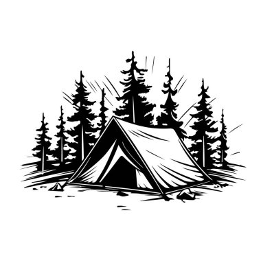 A striking black and white illustration of a camping tent set in a serene wilderness scene featuring tall pine trees and a peaceful landscape.