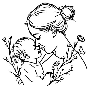 Heartwarming illustration of a mother and her baby sharing a sweet moment surrounded by delicate floral elements, symbolizing love and connection.