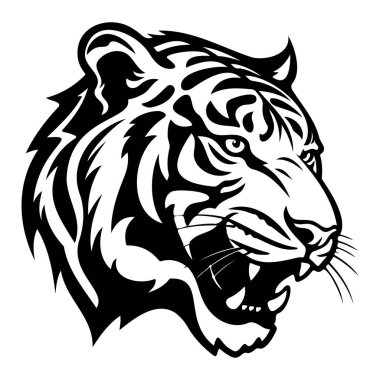 This striking black and white illustration captures the fierce expression and intricate details of a tiger's head, emphasizing its power and beauty.