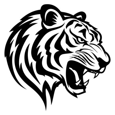 This striking black and white illustration of a fierce tiger's face showcases the raw power and intense expression of this majestic animal, perfect for art lovers.