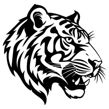 Stunning black and white illustration of a tiger's head showcasing its fierce expression and striking features, ideal for artistic projects.