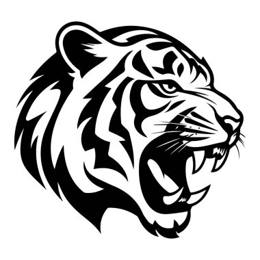 This striking black and white illustration showcases a fierce tiger head with detailed fur and powerful expression, capturing the wild spirit.