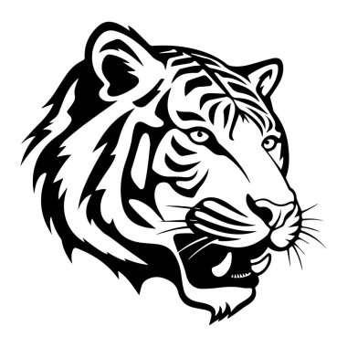 This striking black and white illustration captures the powerful essence of a tiger's head, showcasing intricate details and fierce expression, perfect for artistic projects.