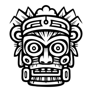 This striking black and white illustration of a tribal mask showcases intricate details and expressive features, perfect for artistic inspiration.