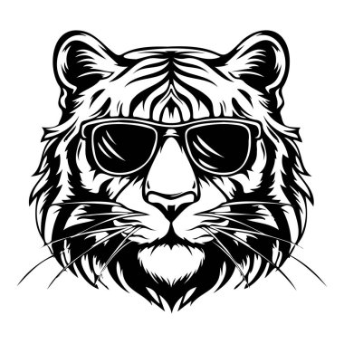 This striking black and white illustration features a tiger head adorned with stylish sunglasses, perfect for modern art projects and merchandise.