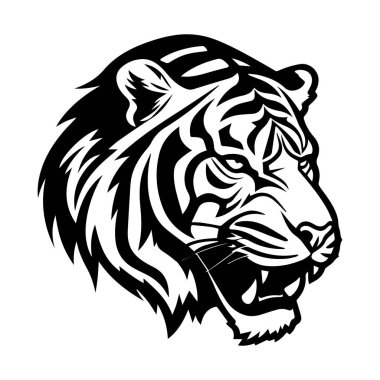This striking black and white illustration features a fierce tiger head, capturing the power and beauty of this majestic animal. Perfect for art.