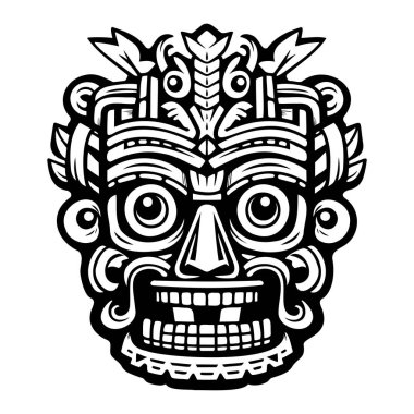 This striking black and white illustration showcases a traditional tribal mask, rich in detail with unique facial features and bold artistic expression.