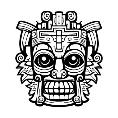 This striking black and white illustration showcases a detailed Mesoamerican mask design, featuring unique tribal motifs and cultural symbolism.