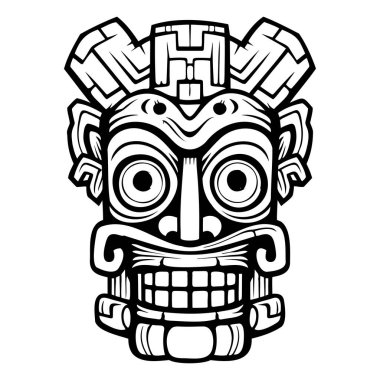 This striking black and white tribal mask illustration showcases intricate details and unique features, perfect for artistic projects and cultural expressions.