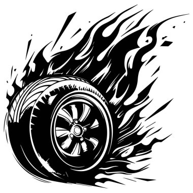 Captivating black and white tire illustration with flames captures the essence of speed and motion in an exhilarating racing context.