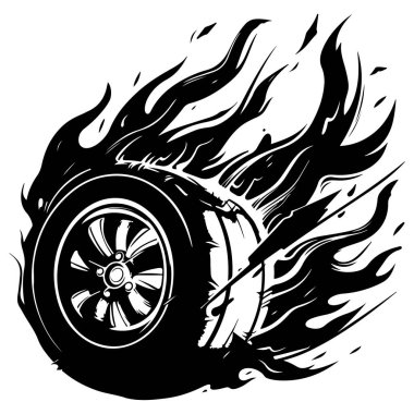 A dynamic illustration of a burning tire surrounded by vivid flames, capturing the essence of speed and power in motorsport culture. Perfect for automotive themes.