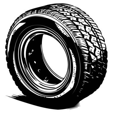 This striking black and white illustration of a car tire showcases unique tread patterns and artistic detail, ideal for automotive projects.