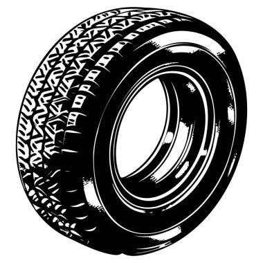 Detailed black and white illustration of a single car tire showing intricate tread pattern and circular design, perfect for automotive projects.