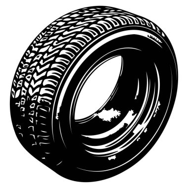 This black tire illustration features intricate tread patterns and a distinctive circular shape, ideal for automotive designs and graphic projects.