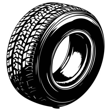 This black and white illustration showcases a detailed car tire with a distinct tread pattern. It can be used in automotive designs or advertising needs.
