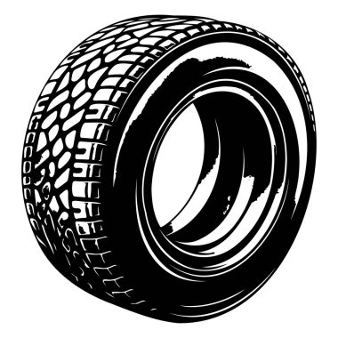 This image features a detailed illustration of a black rubber tire with a clear tread pattern on a plain white background, ideal for automotive themes.