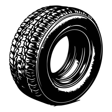 A striking black and white illustration featuring a single car tire showcasing intricate tread patterns. Ideal for automotive and design projects.