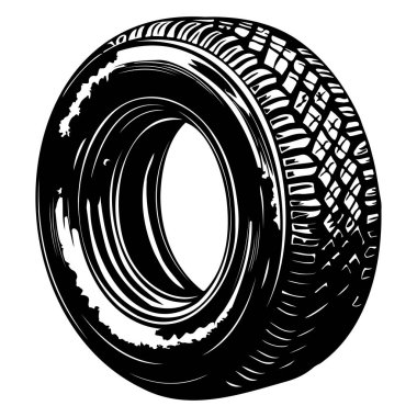 This black and white illustration features a single tire showcasing intricate tread patterns and a smooth surface, perfect for automotive themes.