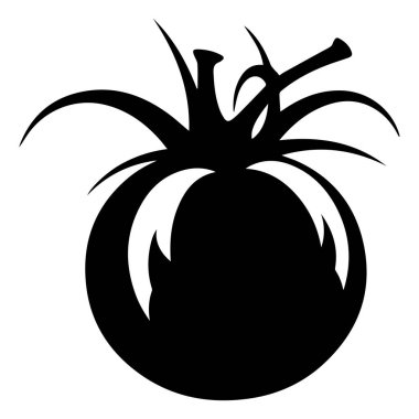 A striking black silhouette of a tomato featuring detailed leaves, perfect for use in culinary art, agricultural themes, and healthy food promotions.