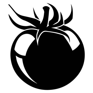 This black silhouette image of a round tomato with a leafy stem serves as an ideal graphic for design projects, illustrating healthy eating themes.