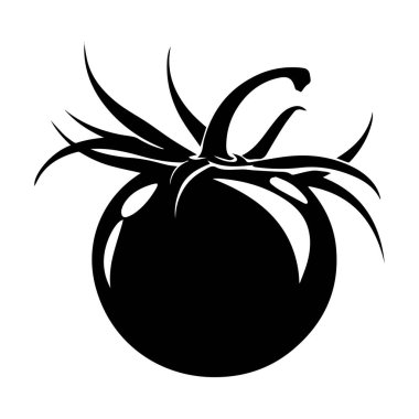 A striking black silhouette of a tomato with a leafy stem, perfect for designs focused on food, health, nature, and organic themes.