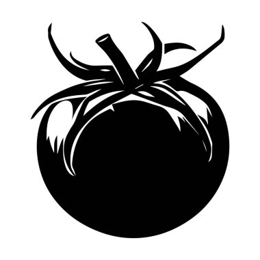 A striking black and white illustration of a tomato featuring its distinctive leaves and stem, perfect for culinary designs and botanical themes.