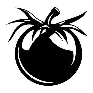 A striking black and white illustration of a tomato features its round shape and detailed leaves, perfect for food-related designs and advertising.