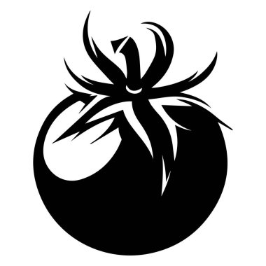 This striking black and white emblem of a tomato features bold lines and stylized leaves, perfect for modern graphic designs and artistic projects.