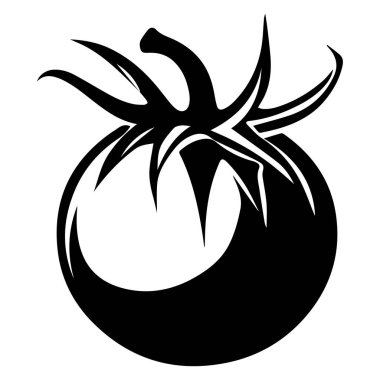 A striking black silhouette of a tomato featuring stylized leaves, perfect for use in digital designs, culinary projects, or food-related themes.