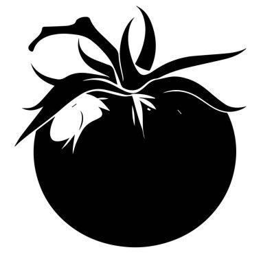 This black and white silhouette of a tomato features detailed leaf accents, perfect for minimalist design, food illustrations, and eco-friendly branding.