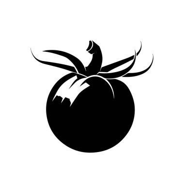 This black and white illustration features a fresh tomato with stylized leaves, ideal for culinary designs, food blogs, and organic themes.