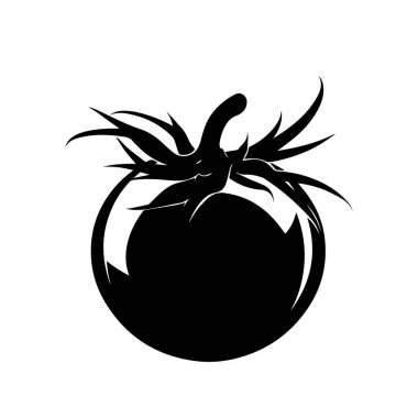 A striking black silhouette of a fresh tomato with intricate leaves and stem. Ideal for food-related designs, recipes, or healthy eating concepts.