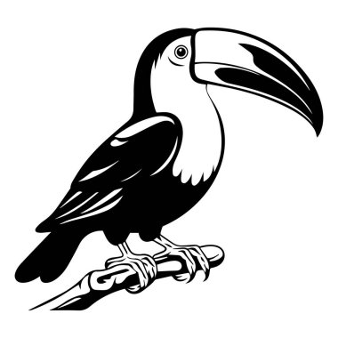 This artistic illustration features a toucan perched gracefully on a branch, highlighting its iconic long beak in a striking black and white design.