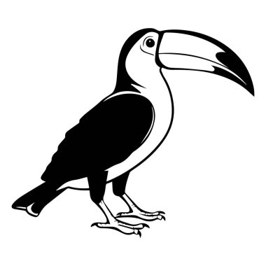 This black and white illustration showcases a toucan bird with a prominent beak and striking tail design, ideal for art projects and nature themes.